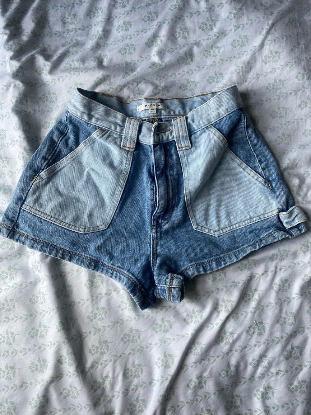 PacSun Two-Tone High-Waist Denim Shorts in Light & Medium Blue